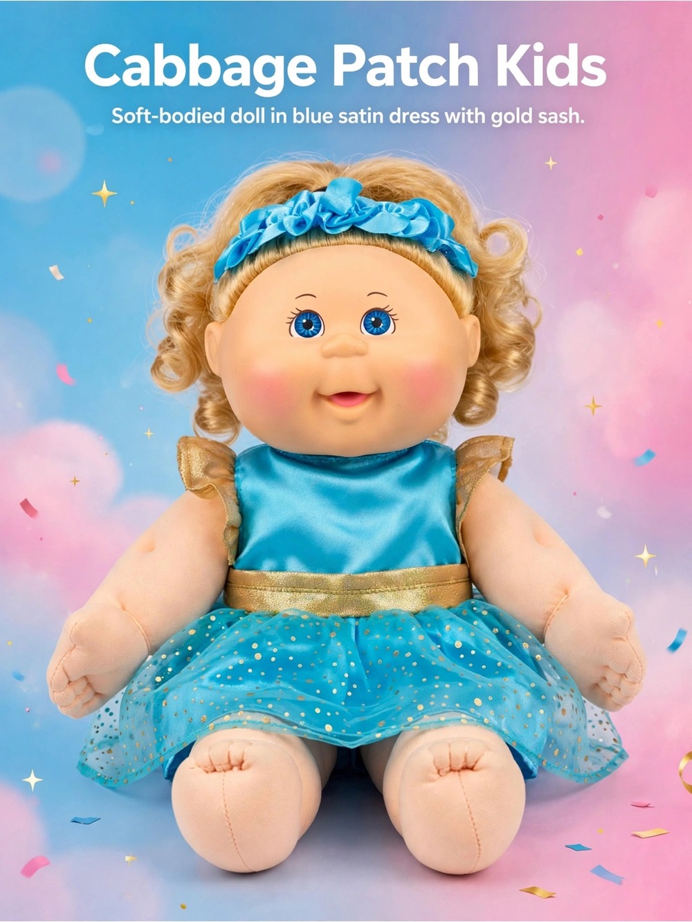Cabbage Patch Kids Blue Satin Dress Doll with Gold Sash
